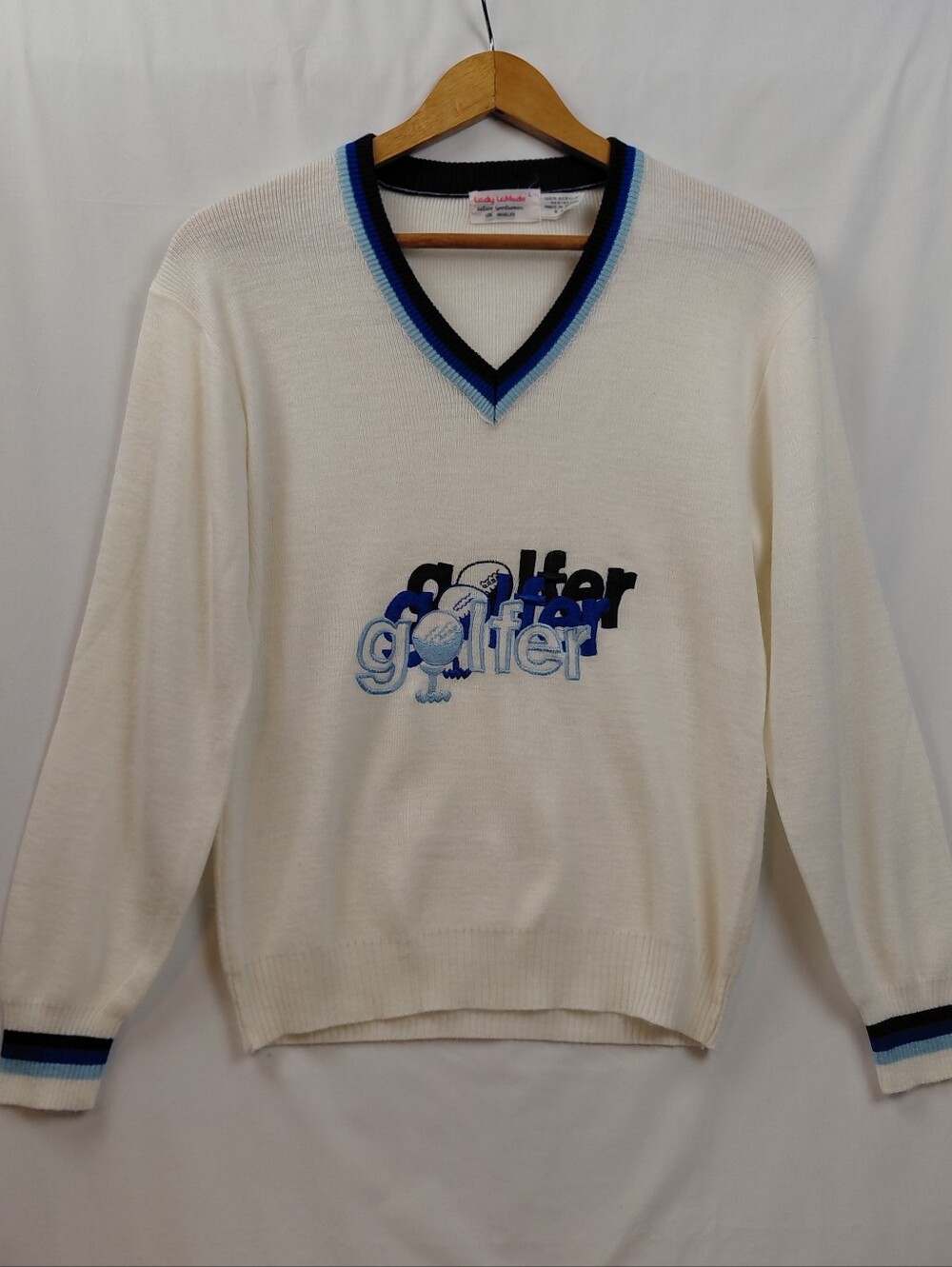 Vintage Lady LaMode Golf Pullover Sweater Size Large Cream Blue Embroidered
